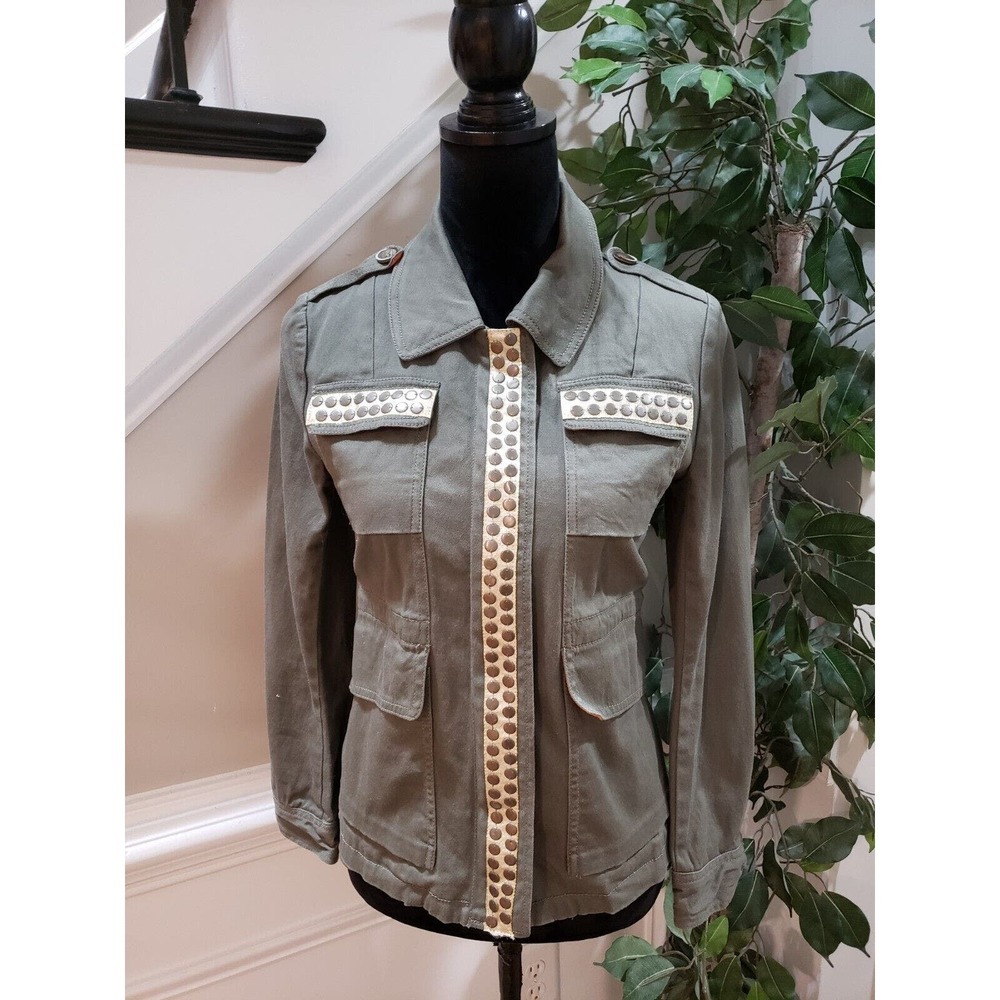 Sweet Rain Women Olive Green Cotton Embellished Full Zip Military Jacket Size S